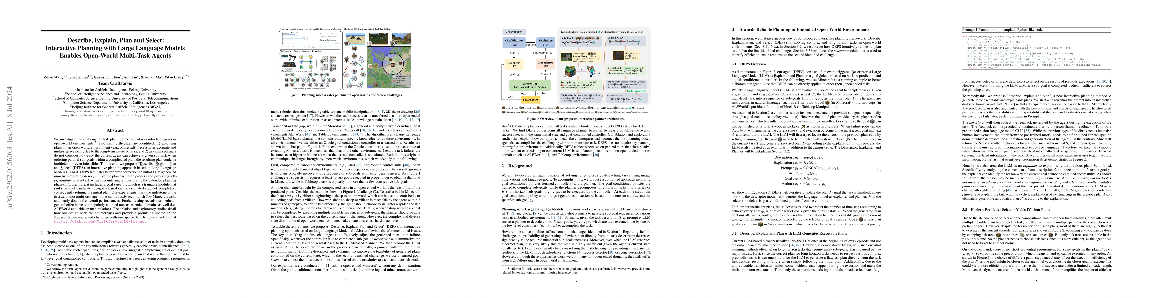 Thumbnail for Describe, Explain, Plan and Select: Interactive Planning with Large
  Language Models Enables Open-World Multi-Task Agents