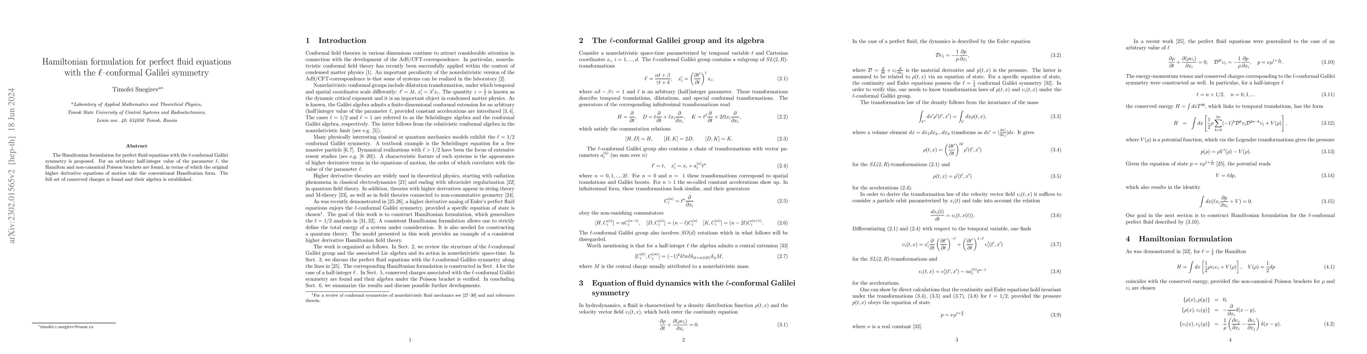 Thumbnail for Hamiltonian formulation for perfect fluid equations with the l-conformal
  Galilei symmetry