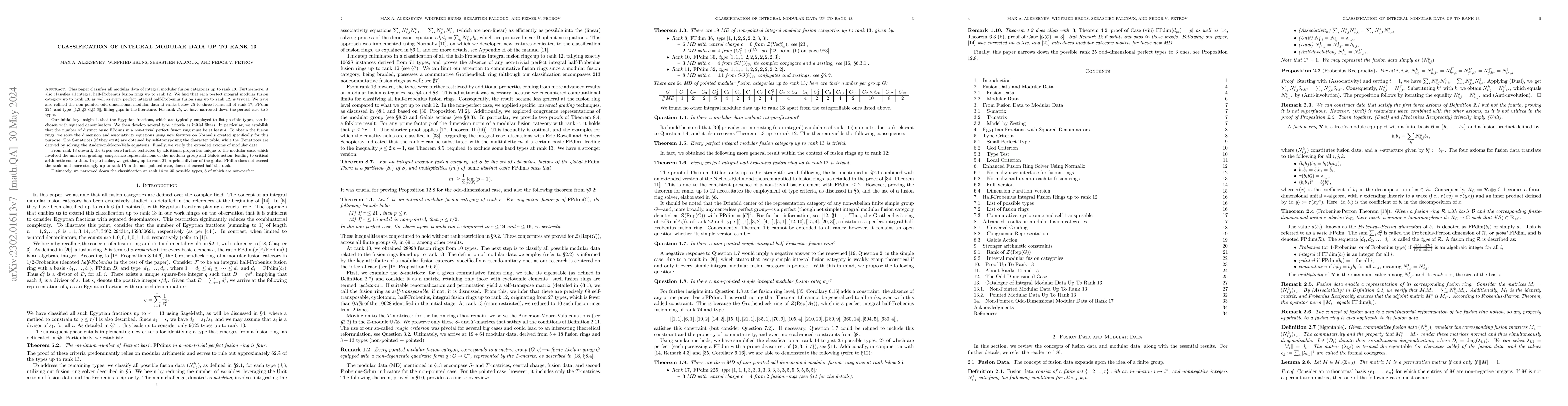 Thumbnail for Classification of integral modular data up to rank 13