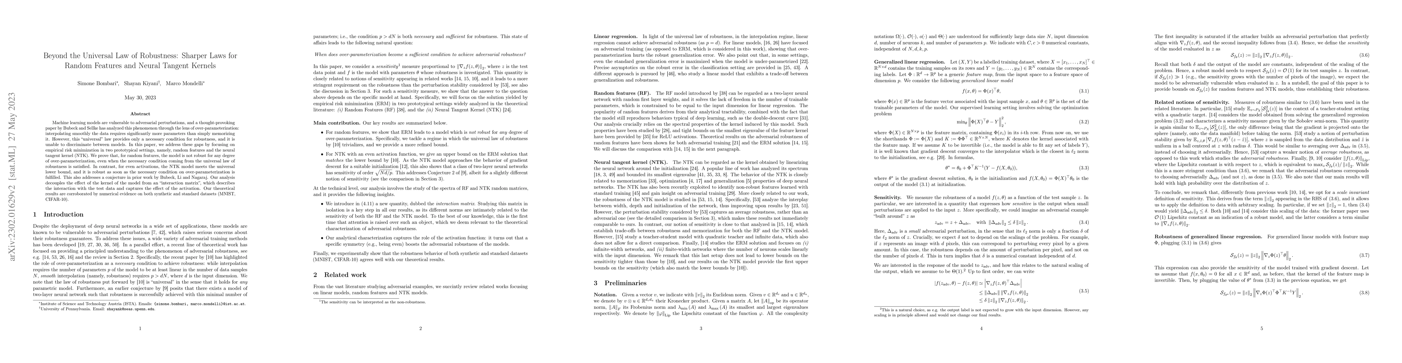 Thumbnail for Beyond the Universal Law of Robustness: Sharper Laws for Random Features
  and Neural Tangent Kernels