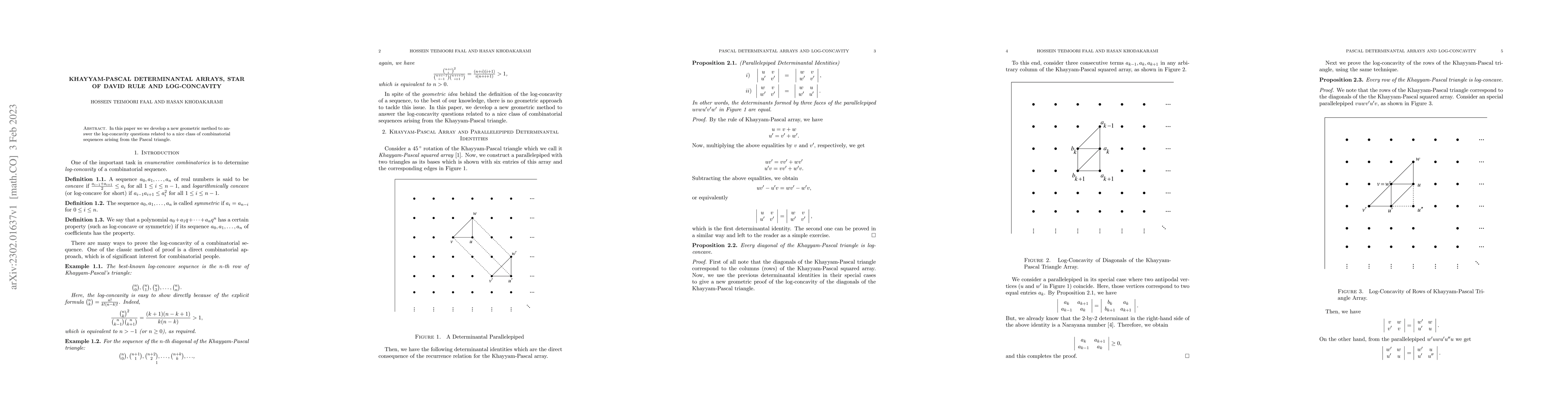 Thumbnail for Khayyam-Pascal Determinantal Arrays, Star of David Rule and
  Log-Concavity