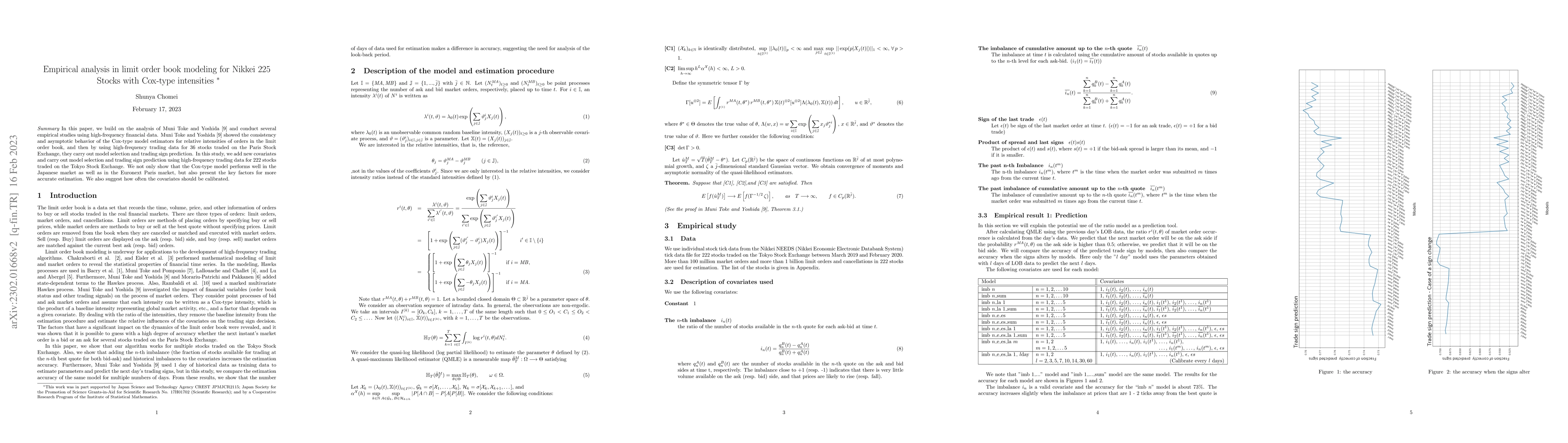 Thumbnail for Empirical analysis in limit order book modeling for Nikkei 225 Stocks
  with Cox-type intensities