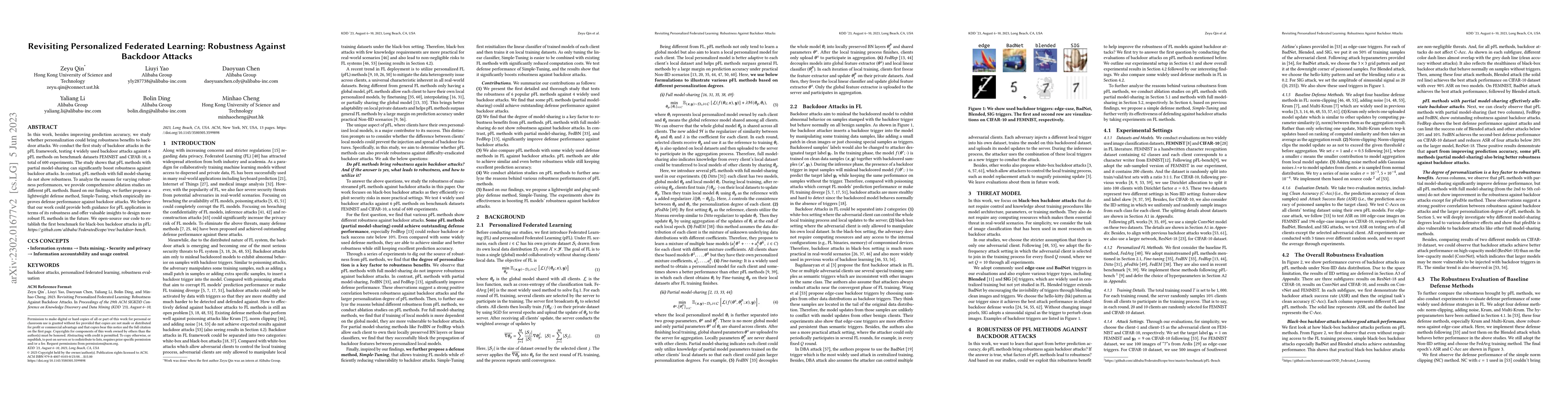 Thumbnail for Revisiting Personalized Federated Learning: Robustness Against Backdoor
  Attacks