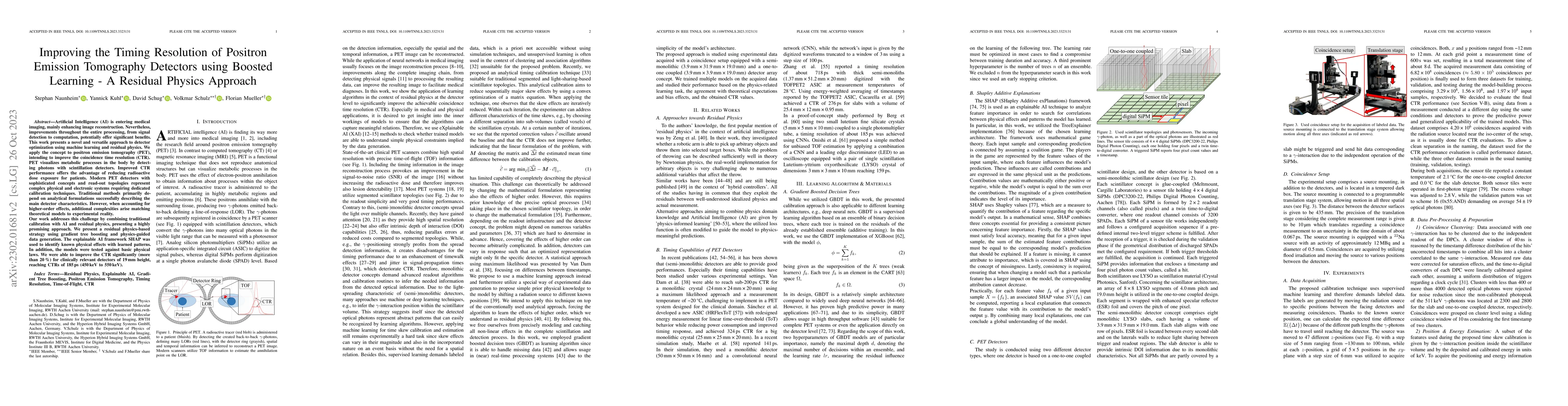 Thumbnail for Improving the Timing Resolution of Positron Emission Tomography
  Detectors Using Boosted Learning -- A Residual Physics Approach