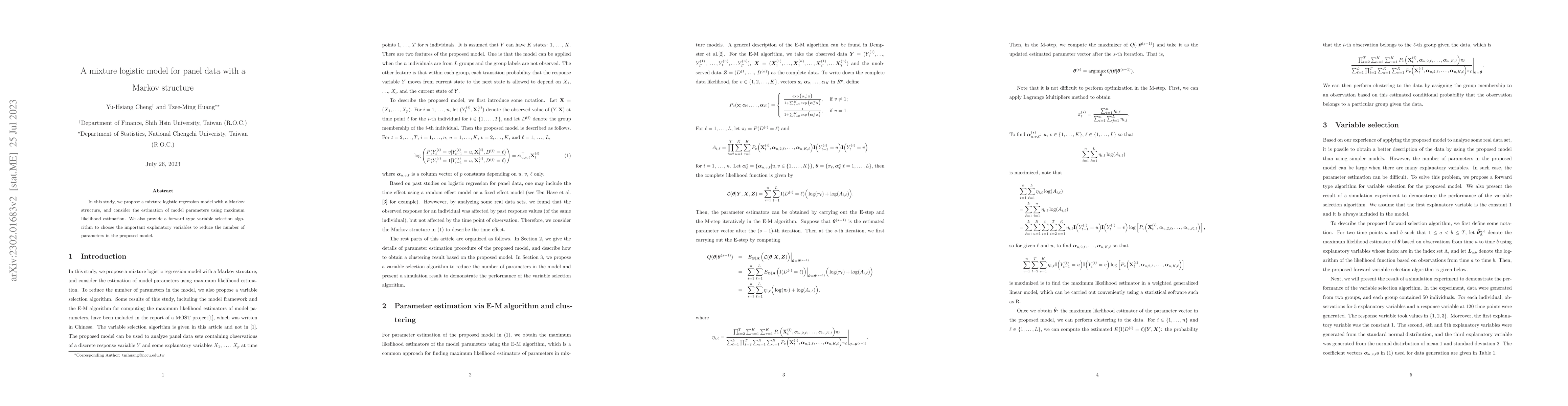 Thumbnail for A mixture logistic model for panel data with a Markov structure