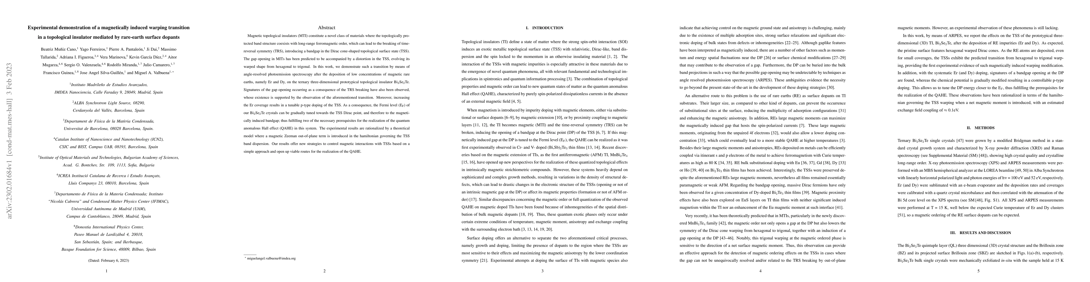 Thumbnail for Experimental demonstration of a magnetically induced warping transition
  in a topological insulator mediated by rare-earth surface dopants
