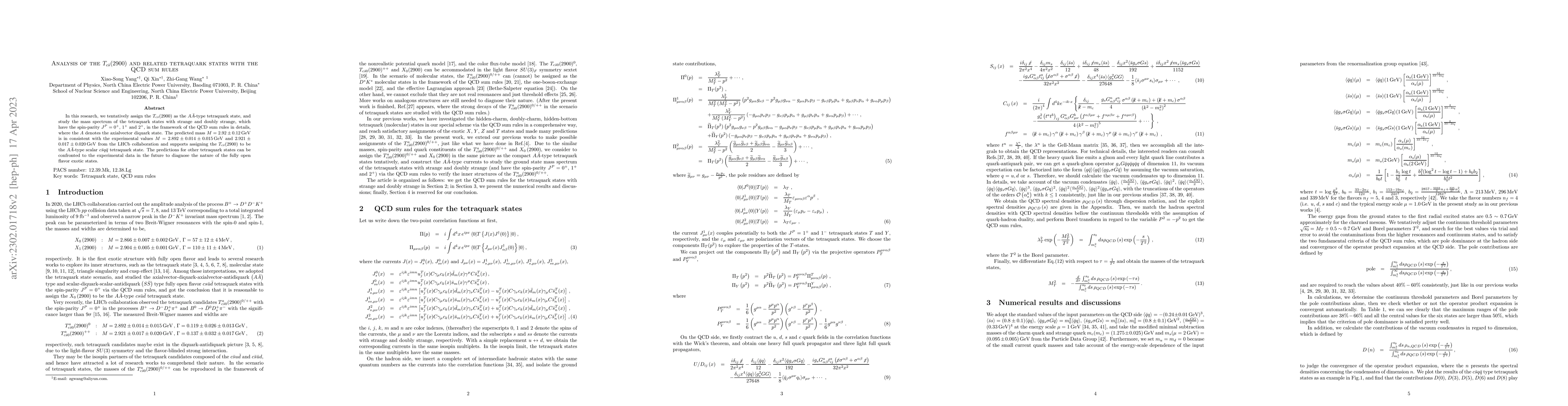 Thumbnail for Analysis of the $T_{c\bar{s}}(2900)$ and related tetraquark states with
  the QCD sum rules