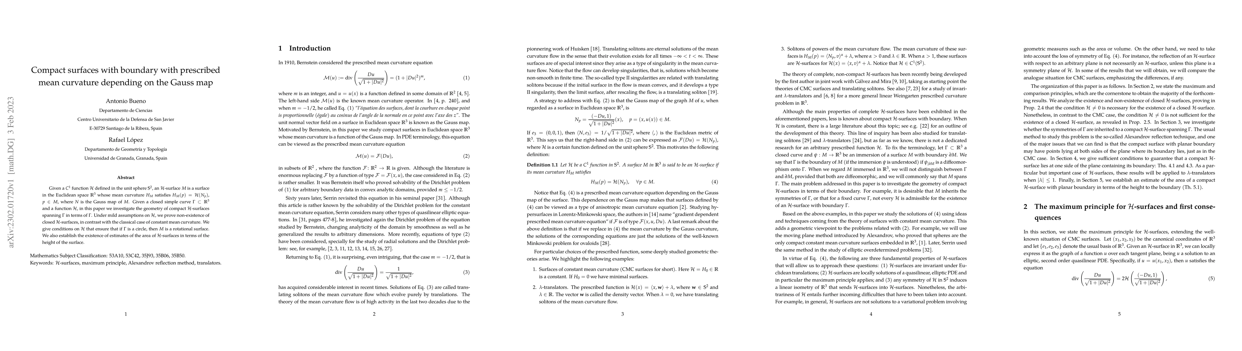 Thumbnail for Compact surfaces with boundary with prescribed mean curvature depending
  on the Gauss map