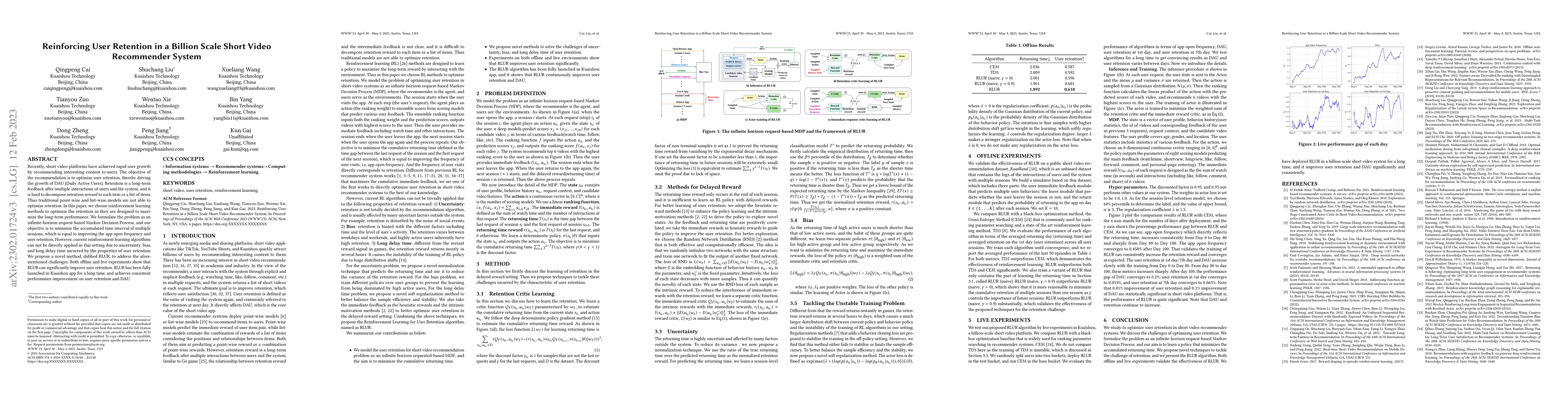 Thumbnail for Reinforcing User Retention in a Billion Scale Short Video Recommender
  System