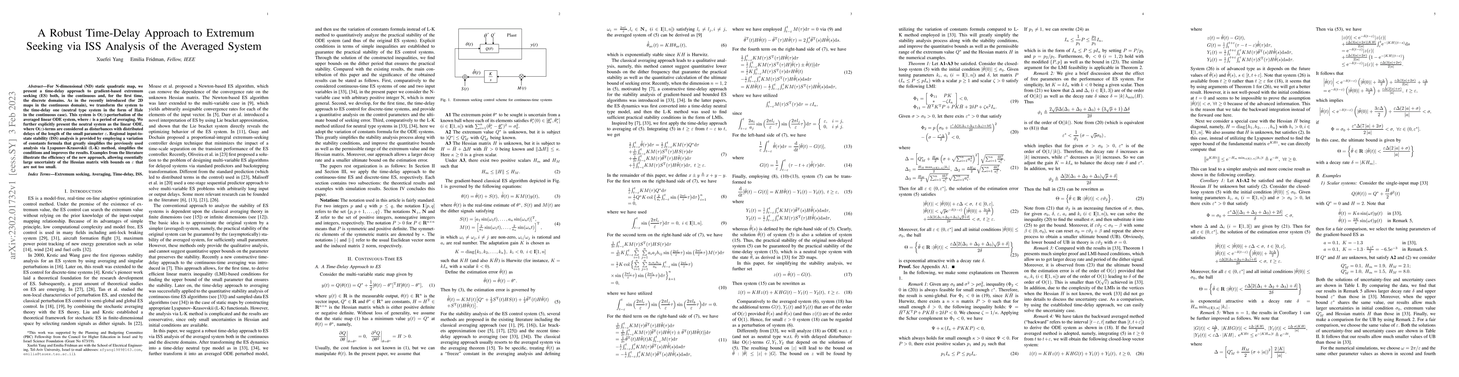 Thumbnail for A Robust Time-Delay Approach to Extremum Seeking via ISS Analysis of the
  Averaged System