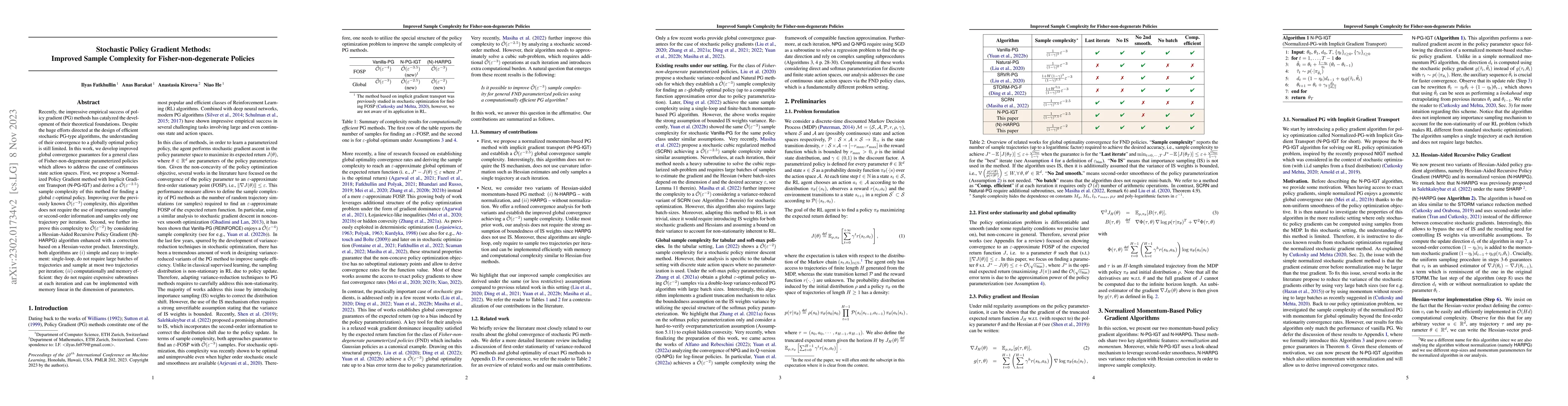 Thumbnail for Stochastic Policy Gradient Methods: Improved Sample Complexity for
  Fisher-non-degenerate Policies