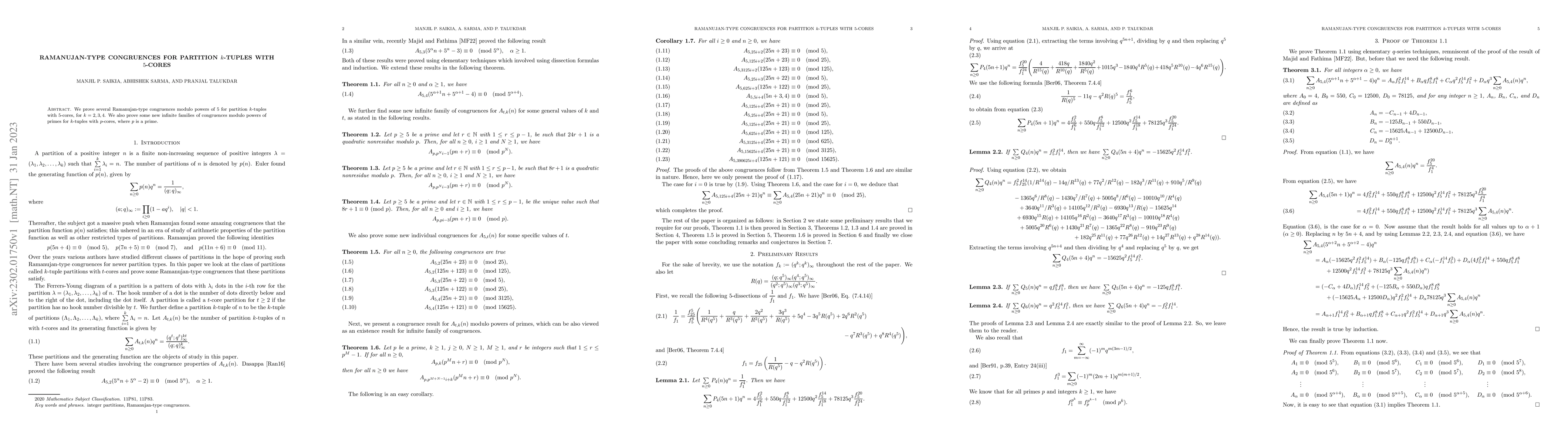 Thumbnail for Ramanujan-type Congruences for Partition $k$-Tuples with $5$-Cores
