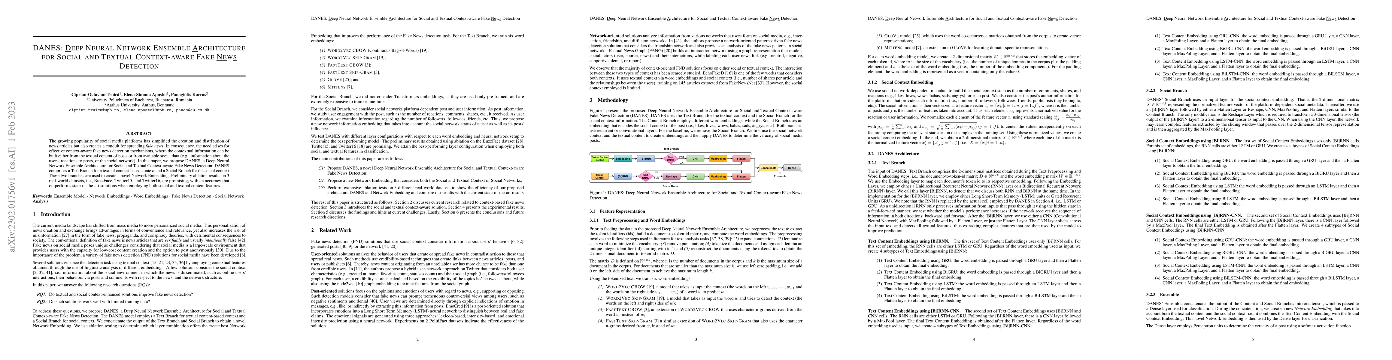 Thumbnail for DANES: Deep Neural Network Ensemble Architecture for Social and Textual
  Context-aware Fake News Detection