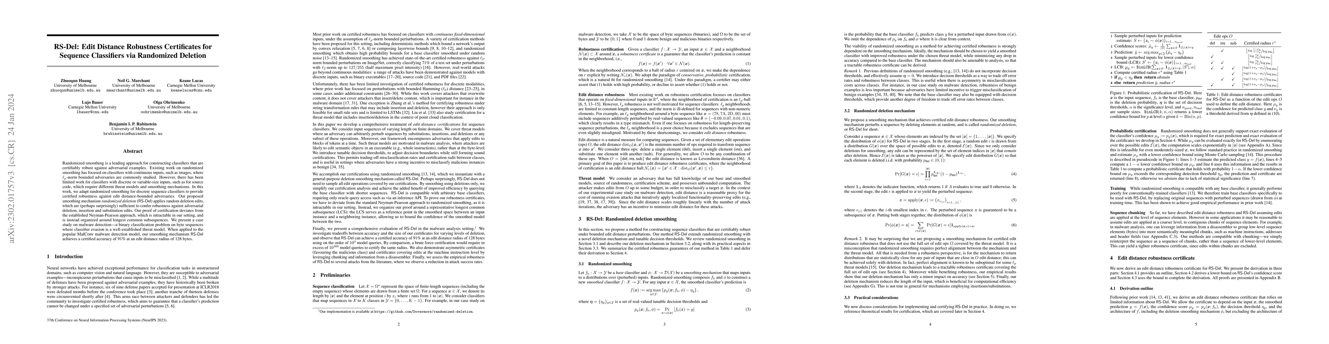 Thumbnail for RS-Del: Edit Distance Robustness Certificates for Sequence Classifiers
  via Randomized Deletion