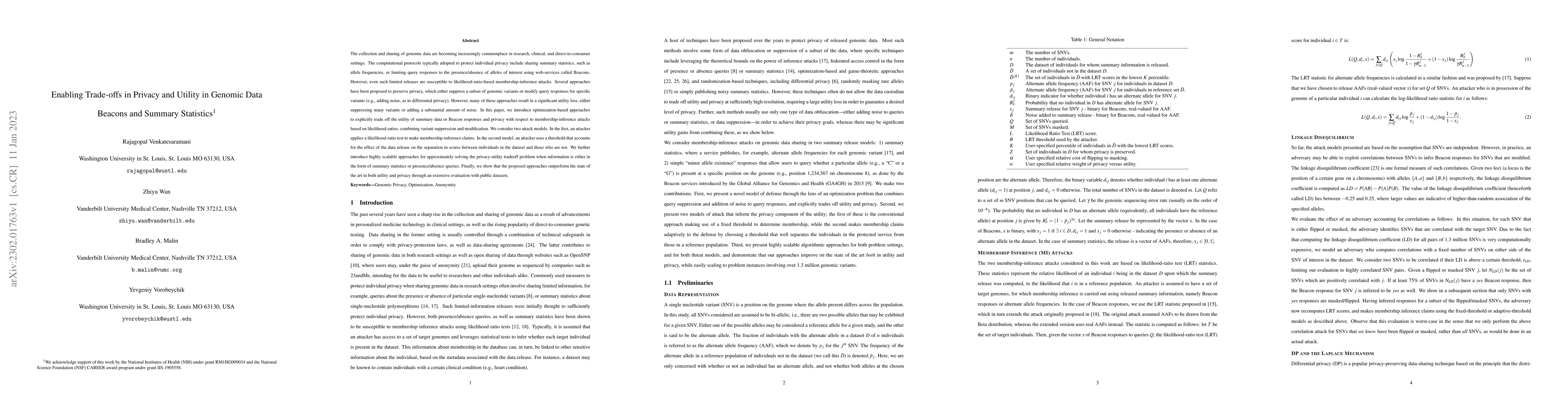 Thumbnail for Enabling Trade-offs in Privacy and Utility in Genomic Data Beacons and
  Summary Statistics