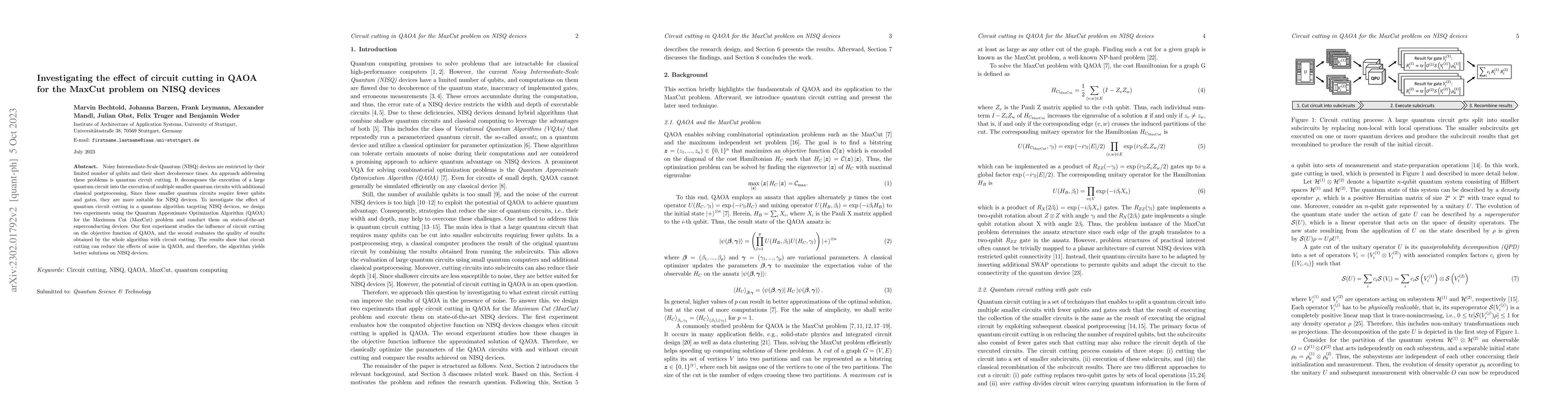 Thumbnail for Investigating the effect of circuit cutting in QAOA for the MaxCut
  problem on NISQ devices