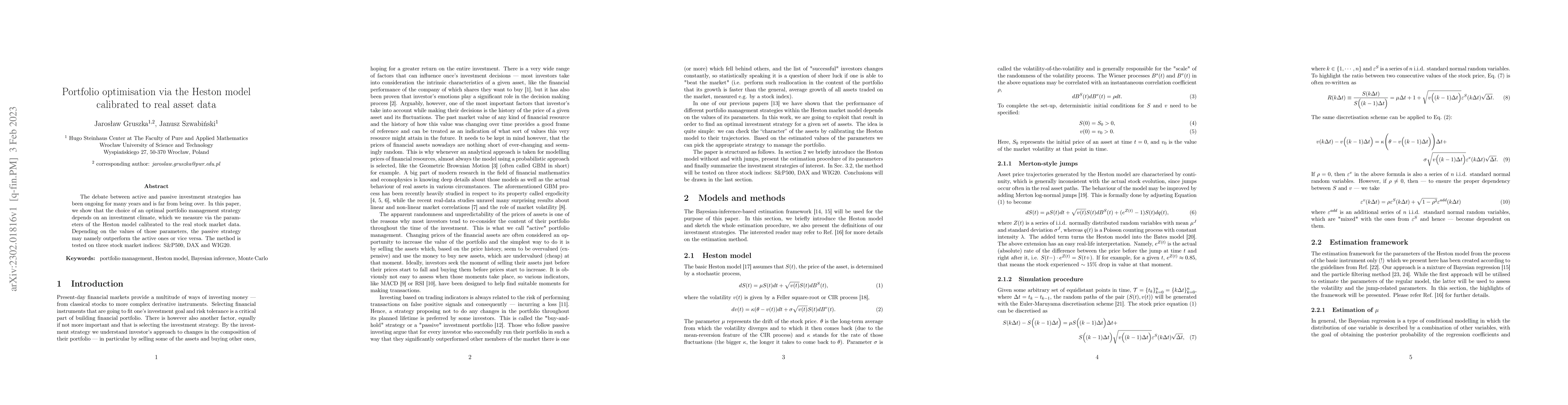 Thumbnail for Portfolio Optimisation via the Heston Model Calibrated to Real Asset
  Data