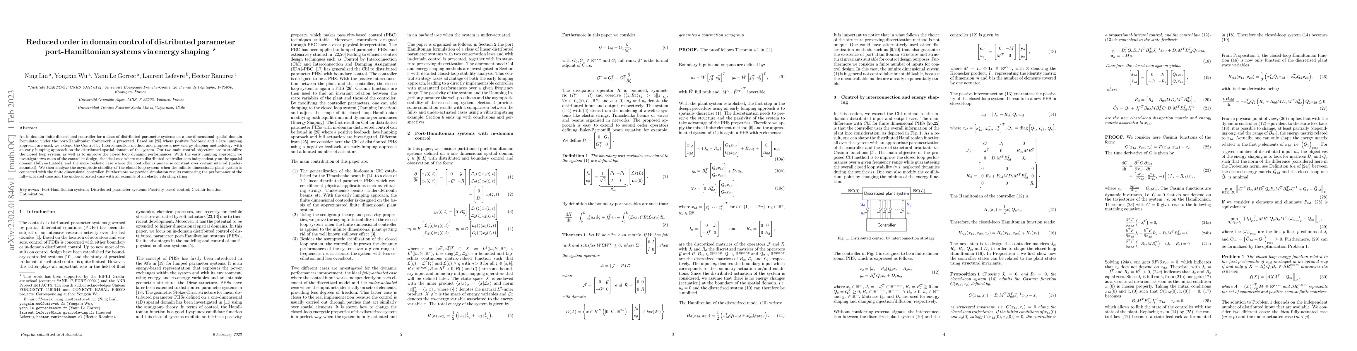 Thumbnail for Reduced order in domain control of distributed parameter
  port-Hamiltonian systems via energy shaping