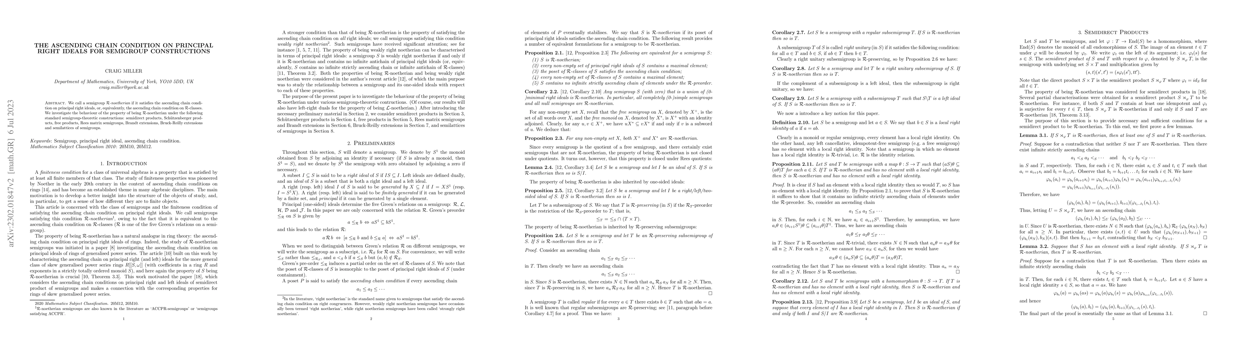 Thumbnail for The ascending chain condition on principal right ideals for semigroup
  constructions