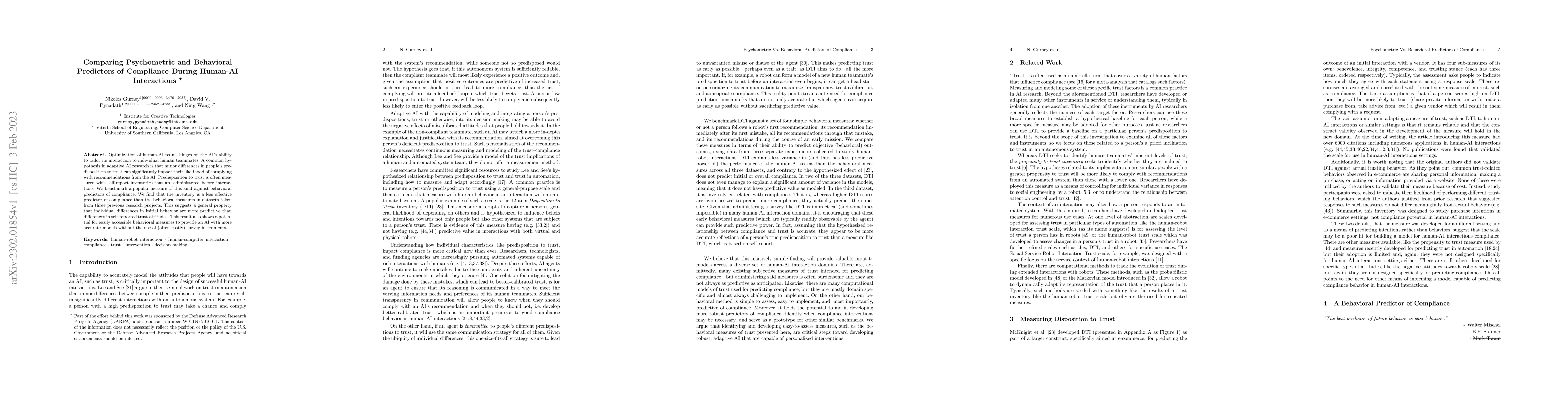 Thumbnail for Comparing Psychometric and Behavioral Predictors of Compliance During
  Human-AI Interactions