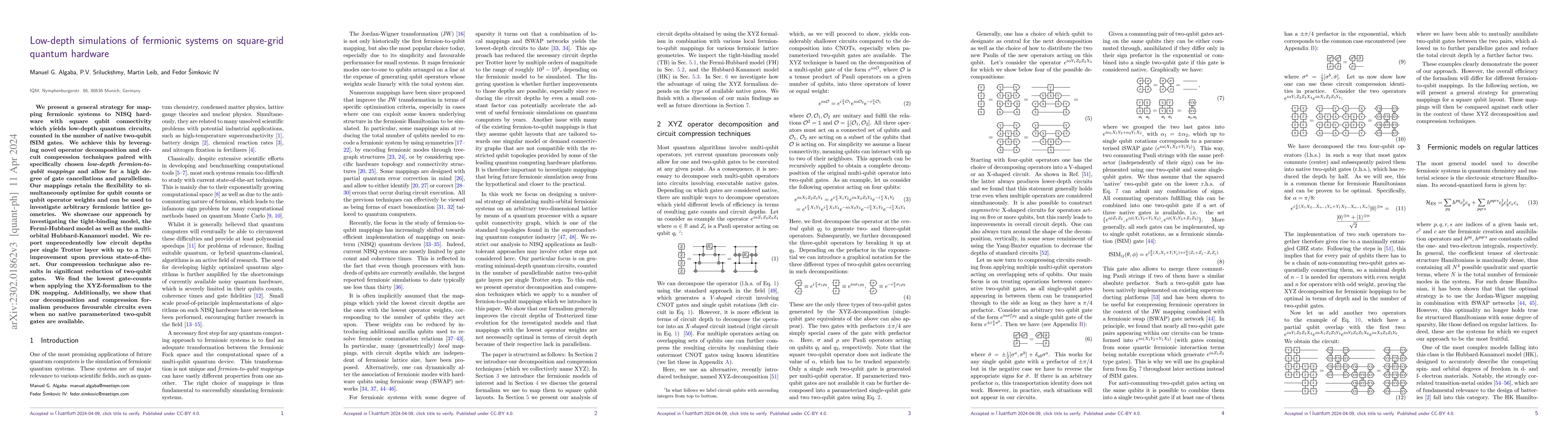 Thumbnail for Low-depth simulations of fermionic systems on square-grid quantum
  hardware