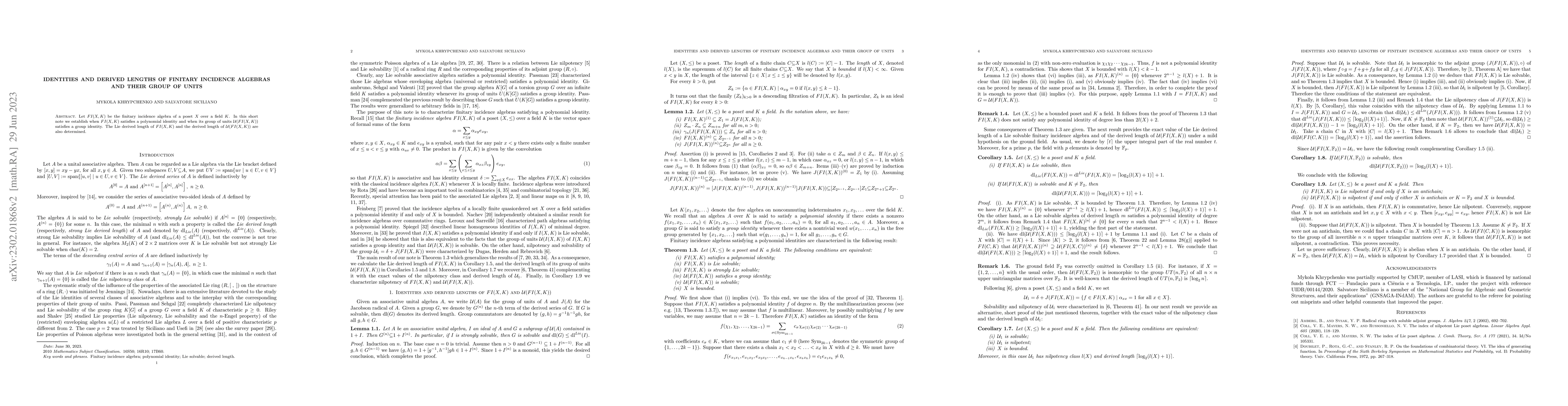 Thumbnail for Identities and derived lengths of finitary incidence algebras and their
  group of units