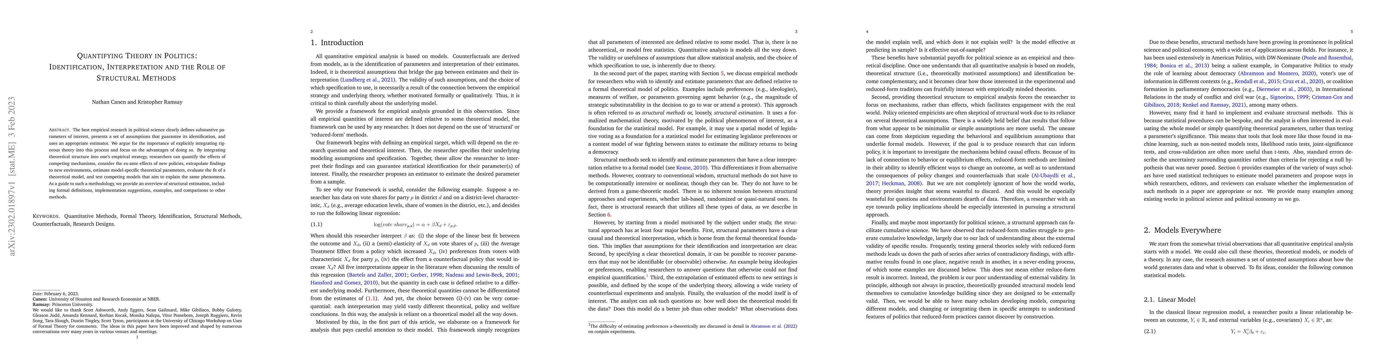 Thumbnail for Quantifying Theory in Politics: Identification, Interpretation and the
  Role of Structural Methods