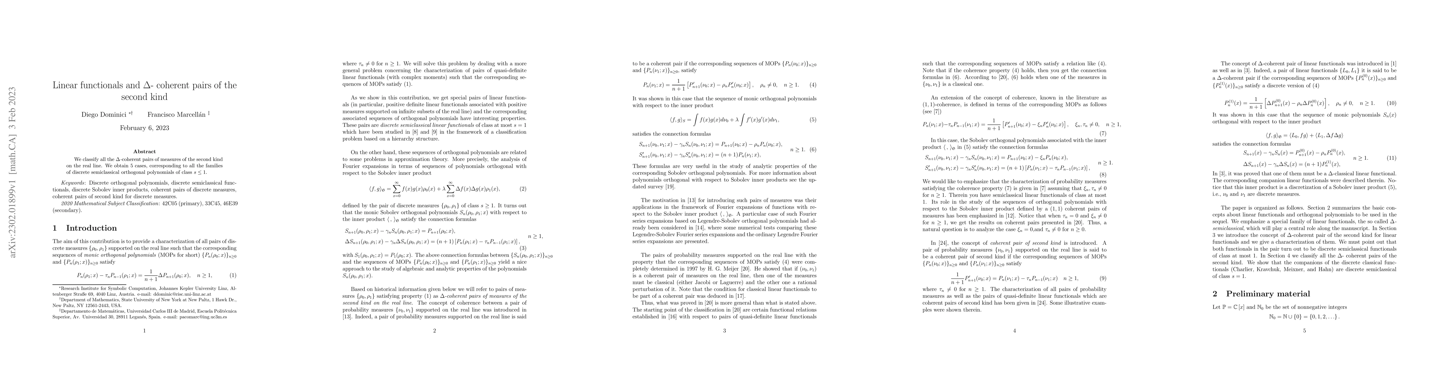 Thumbnail for Linear functionals and $\Delta$- coherent pairs of the second kind
