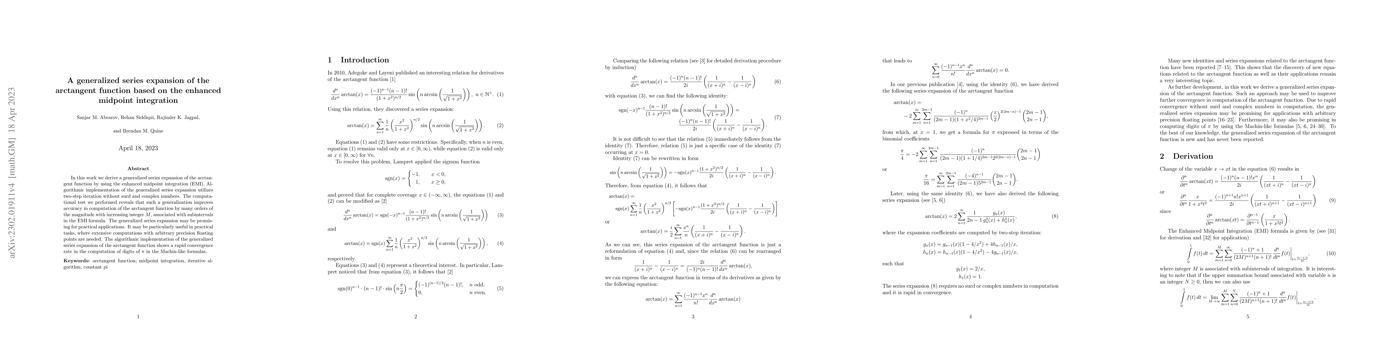 Thumbnail for A generalized series expansion of the arctangent function based on the
  enhanced midpoint integration