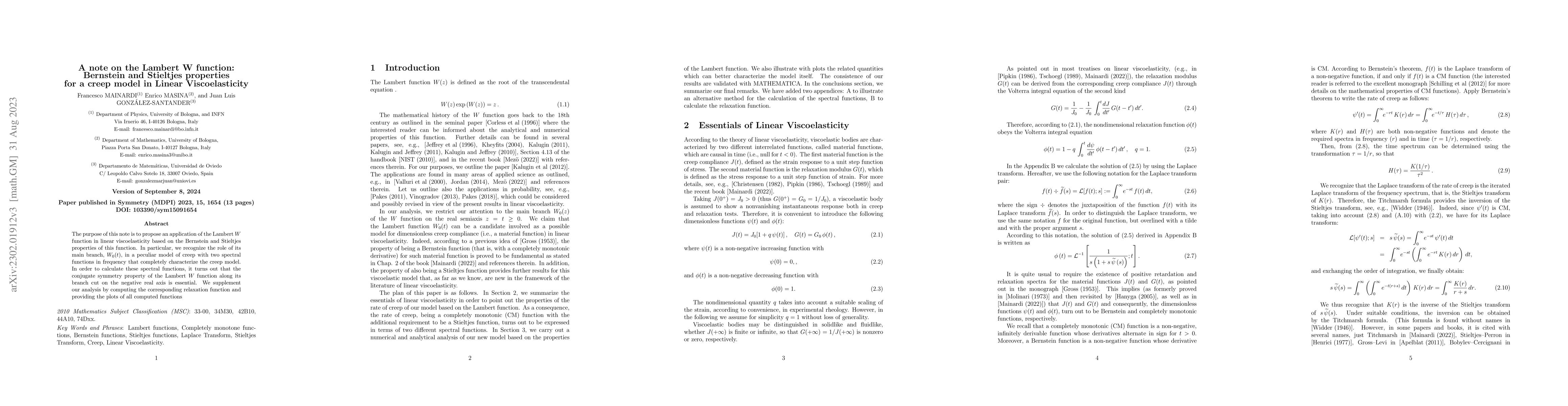 Thumbnail for A note on the Lambert W function: Bernstein and Stieltjes properties for
  a creep model in Linear Viscoelasticity