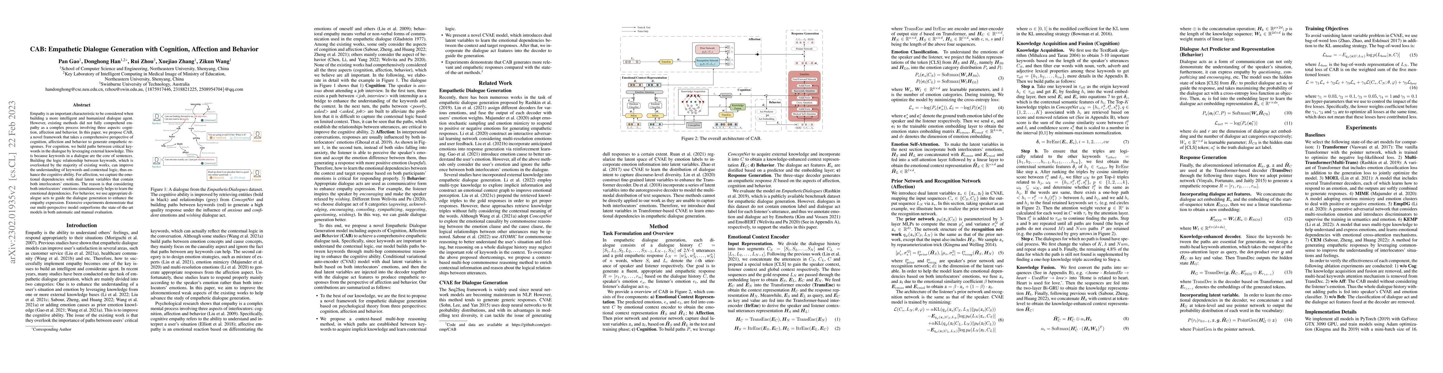 Thumbnail for CAB: Empathetic Dialogue Generation with Cognition, Affection and
  Behavior