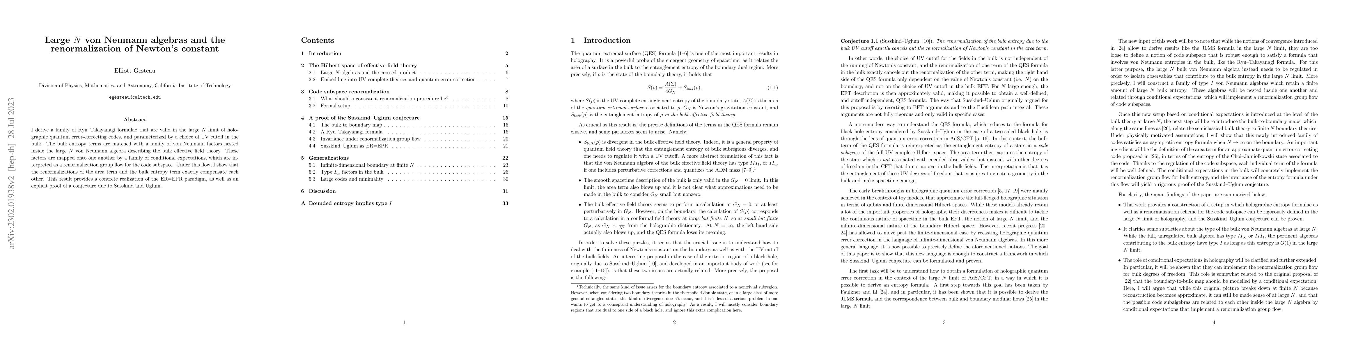 Thumbnail for Large $N$ von Neumann algebras and the renormalization of Newton's
  constant