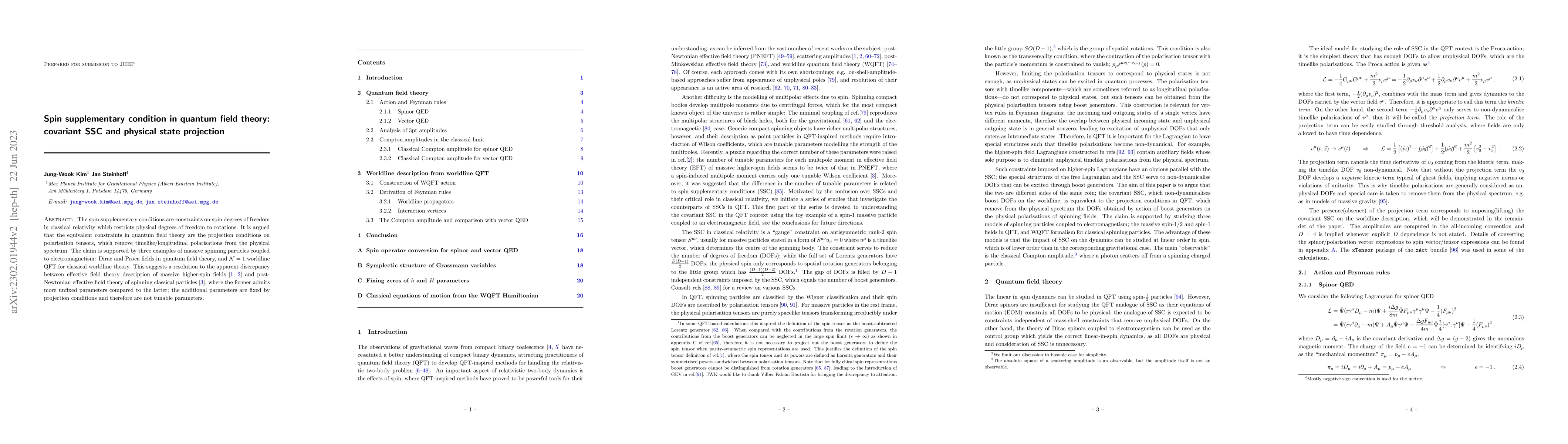 Thumbnail for Spin supplementary condition in quantum field theory: covariant SSC and
  physical state projection