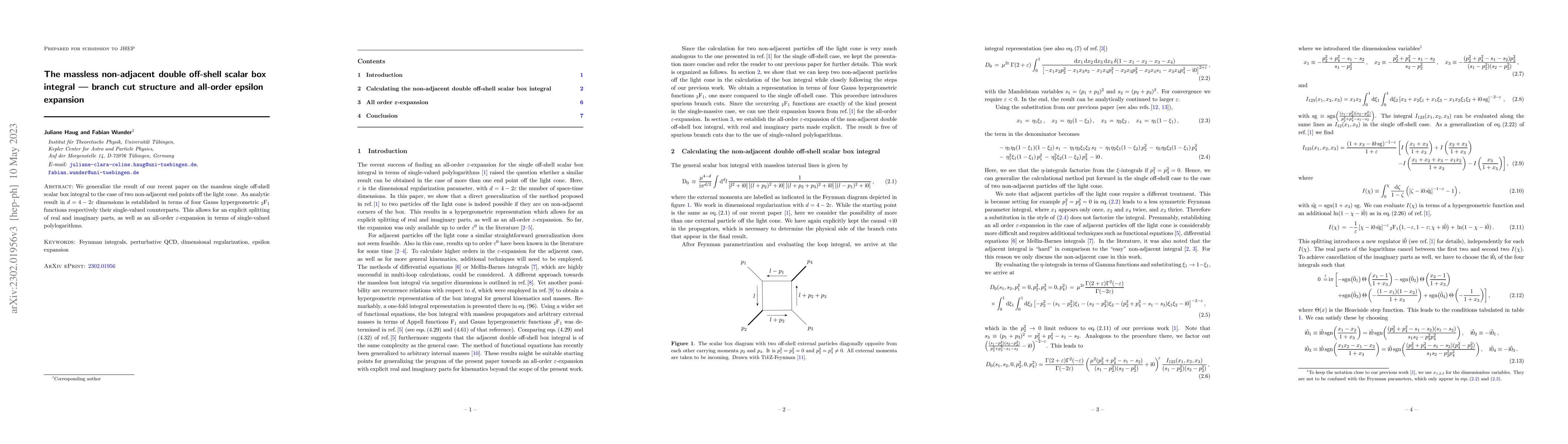 Thumbnail for The massless non-adjacent double off-shell scalar box integral -- branch
  cut structure and all-order epsilon expansion