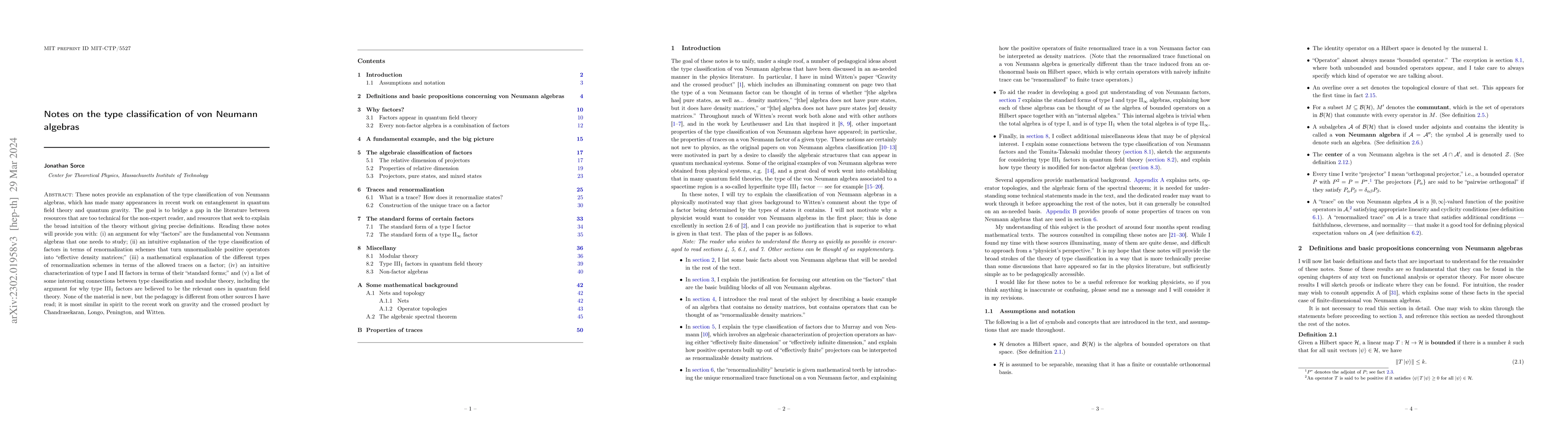Thumbnail for Notes on the type classification of von Neumann algebras