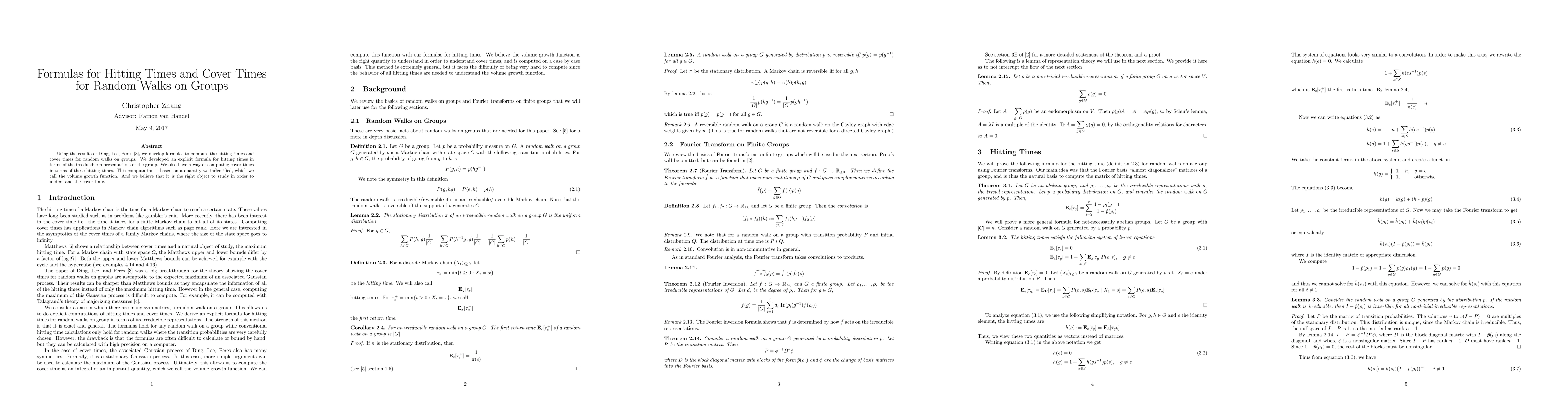 Thumbnail for Formulas for Hitting Times and Cover Times for Random Walks on Groups