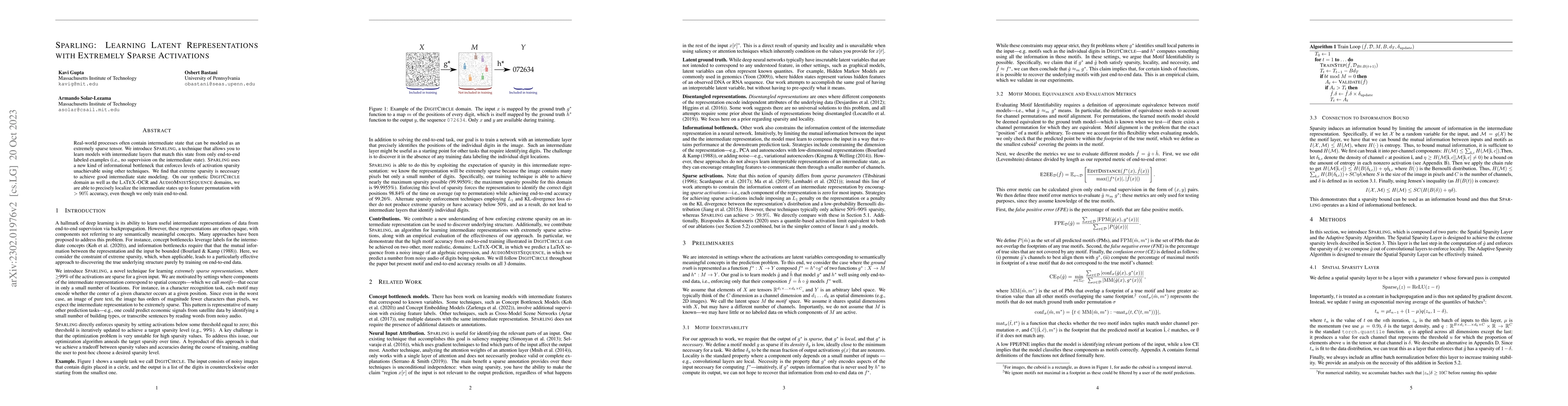Thumbnail for SPARLING: Learning Latent Representations with Extremely Sparse
  Activations