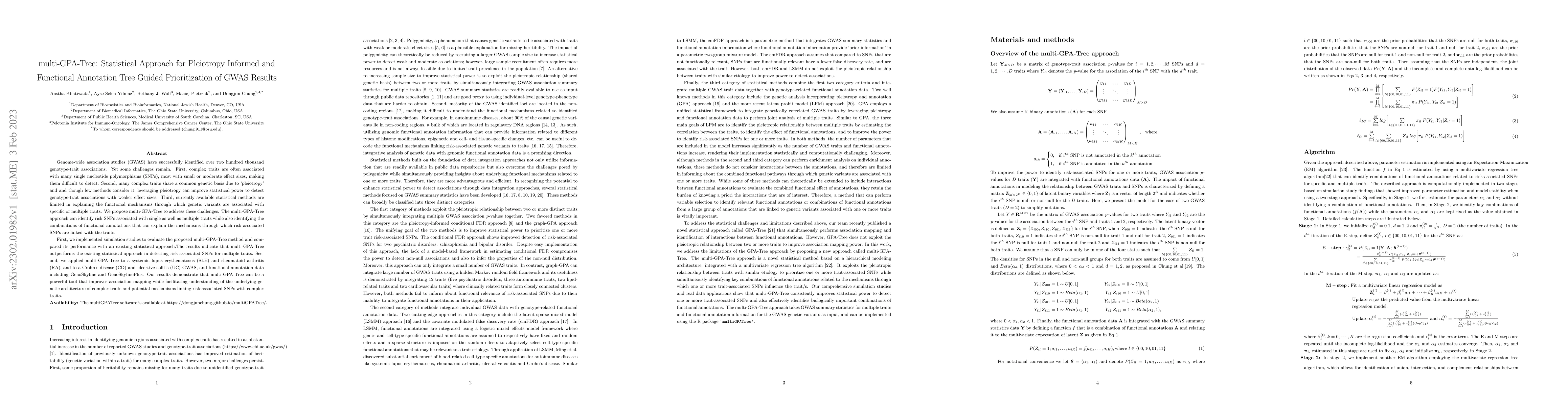 Thumbnail for multi-GPA-Tree: Statistical Approach for Pleiotropy Informed and
  Functional Annotation Tree Guided Prioritization of GWAS Results