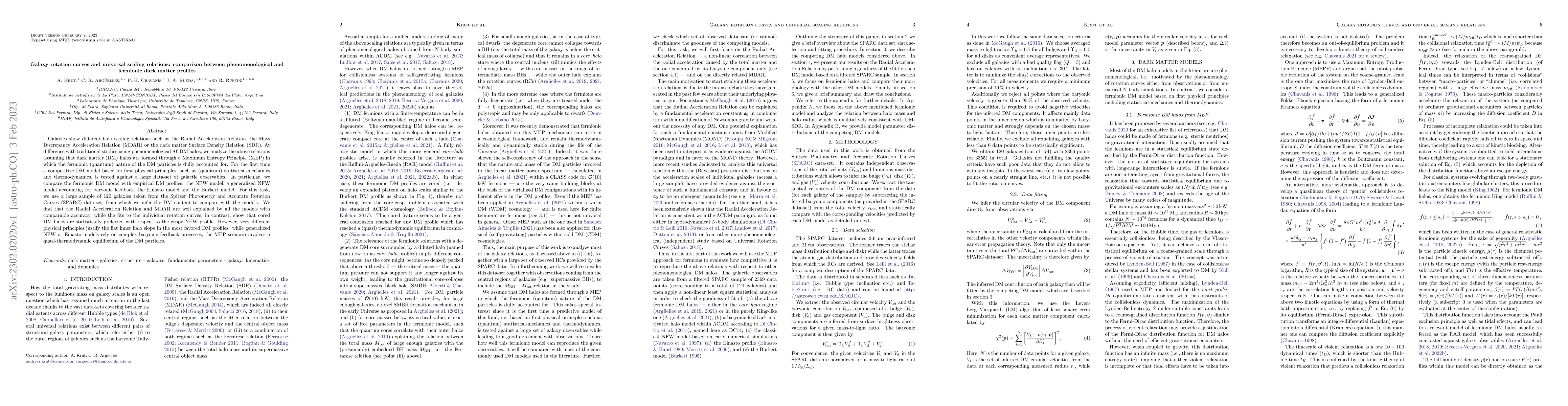 Thumbnail for Galaxy rotation curves and universal scaling relations: comparison
  between phenomenological and fermionic dark matter profiles