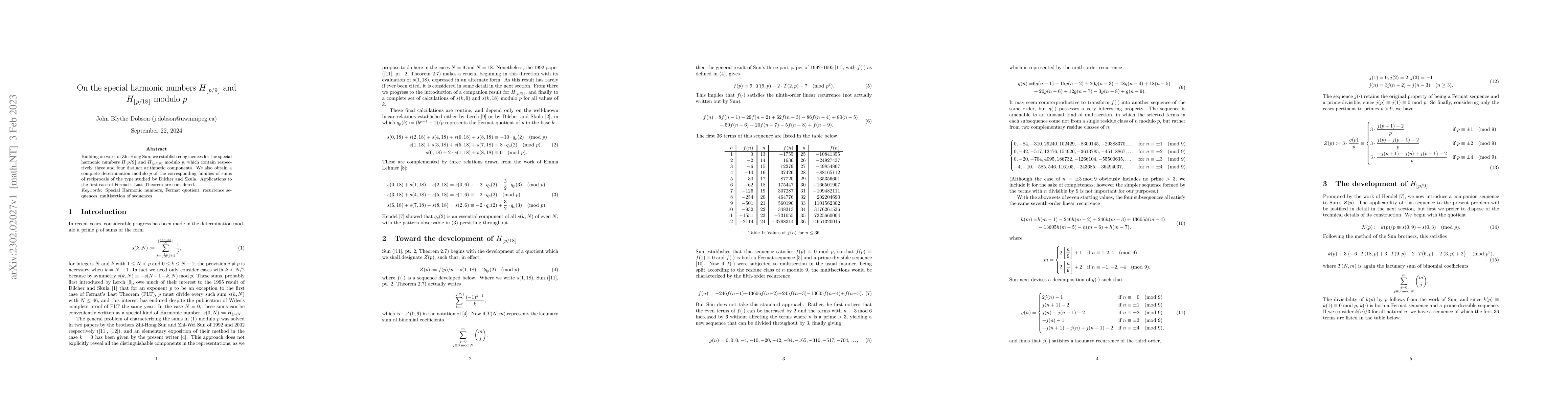 Thumbnail for On the special harmonic numbers $H_{\lfloor p/9 \rfloor}$ and
  $H_{\lfloor p/18 \rfloor}$ modulo $p$