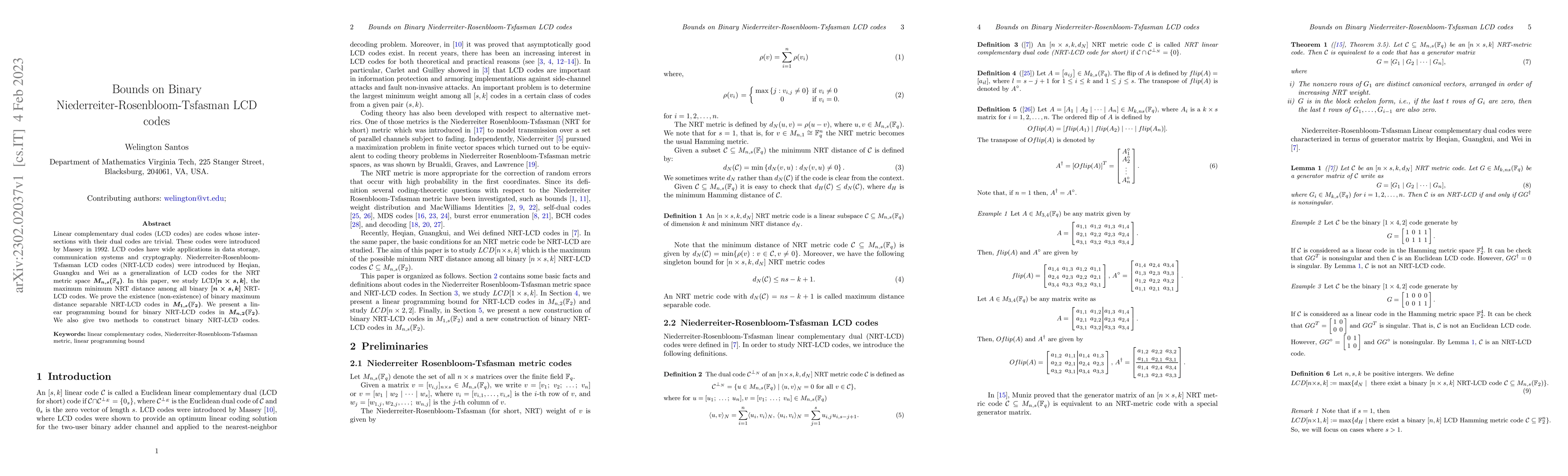 Thumbnail for Bounds on Binary Niederreiter-Rosenbloom-Tsfasman LCD codes