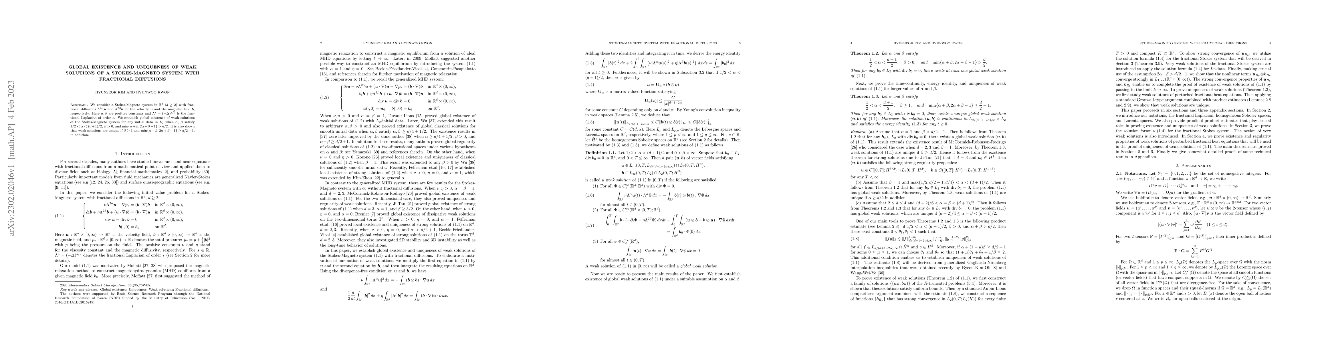 Thumbnail for Global existence and uniqueness of weak solutions of a Stokes-Magneto
  system with fractional diffusions