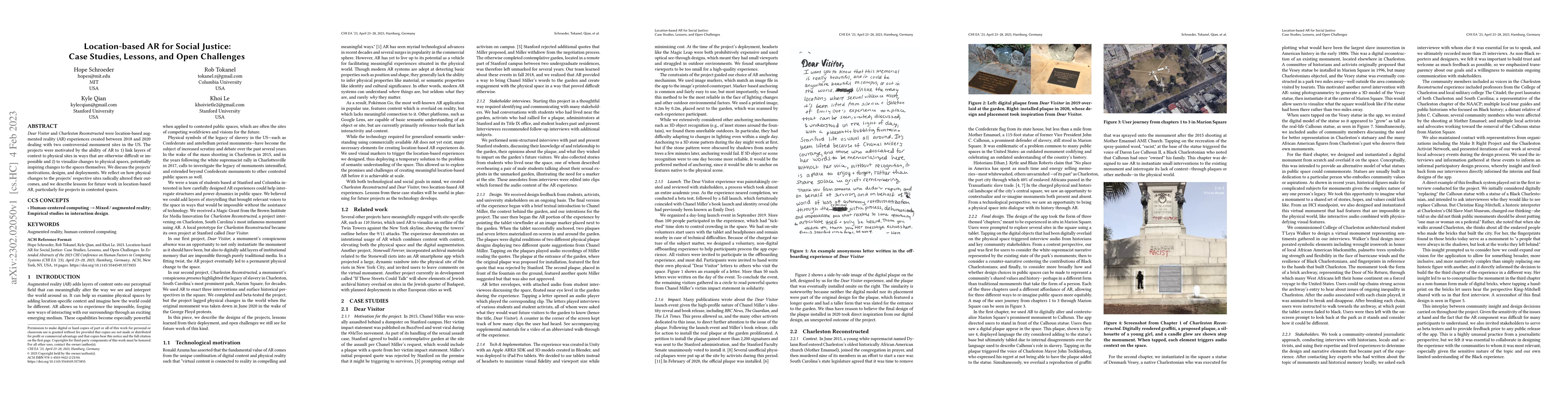 Thumbnail for Location-based AR for Social Justice: Case Studies, Lessons, and Open
  Challenges