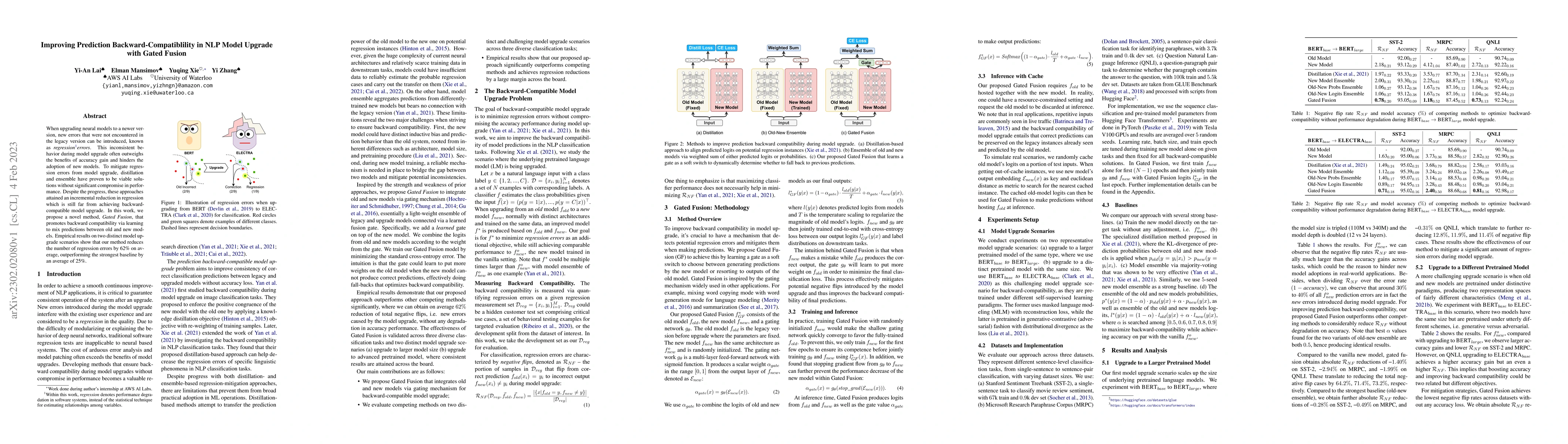 Thumbnail for Improving Prediction Backward-Compatiblility in NLP Model Upgrade with
  Gated Fusion