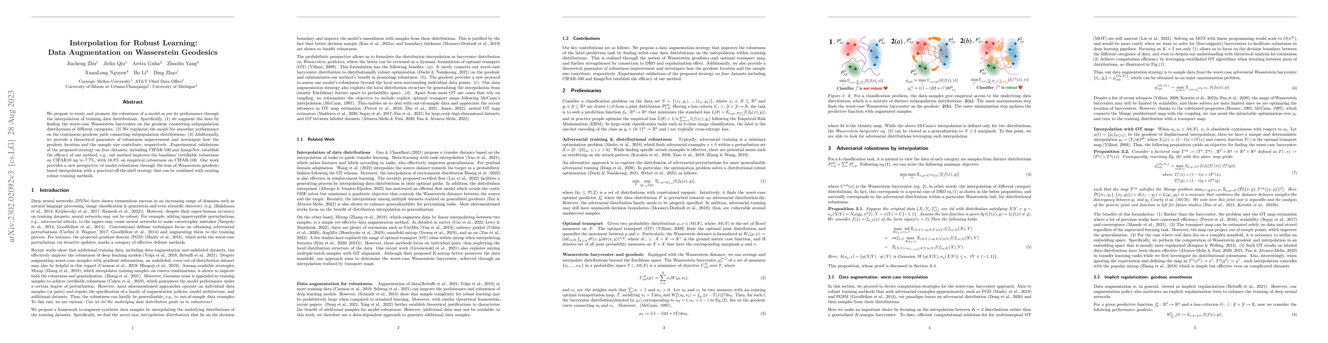 Thumbnail for Interpolation for Robust Learning: Data Augmentation on Wasserstein
  Geodesics