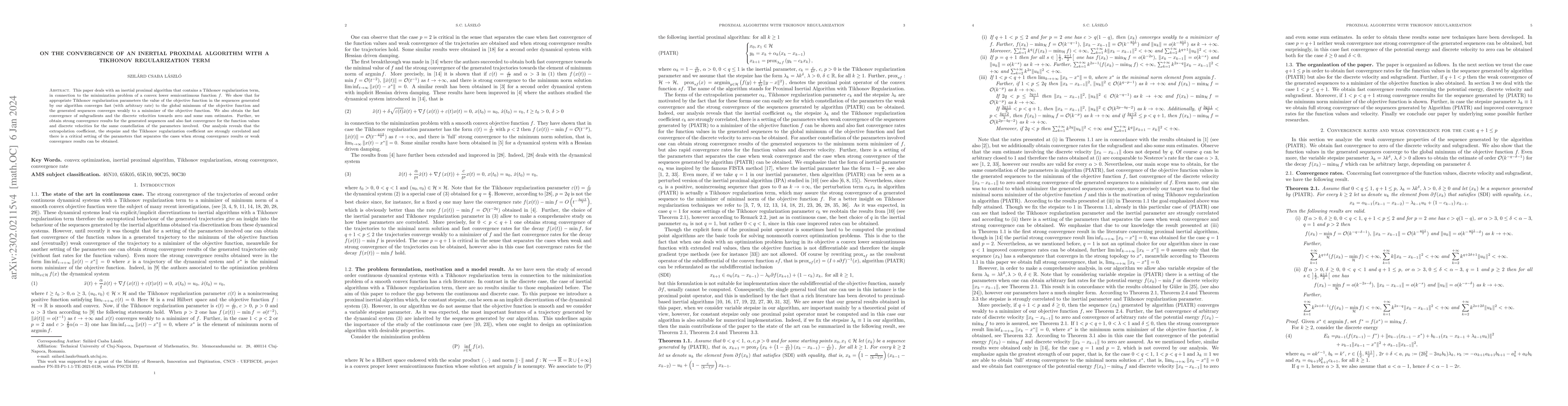 Thumbnail for On the convergence of an inertial proximal algorithm with a Tikhonov
  regularization term