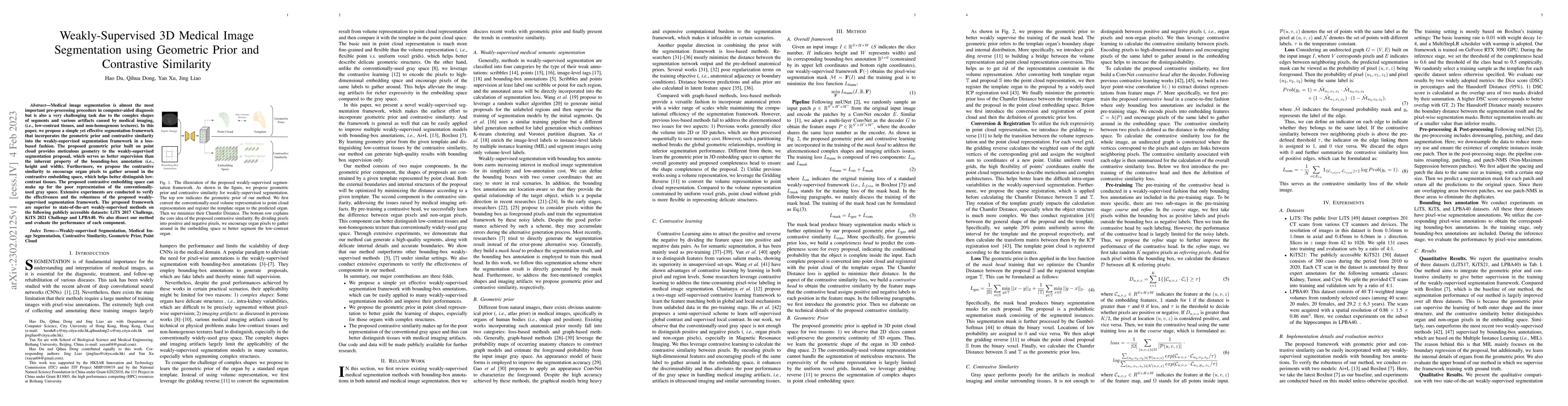 Thumbnail for Weakly-Supervised 3D Medical Image Segmentation using Geometric Prior
  and Contrastive Similarity