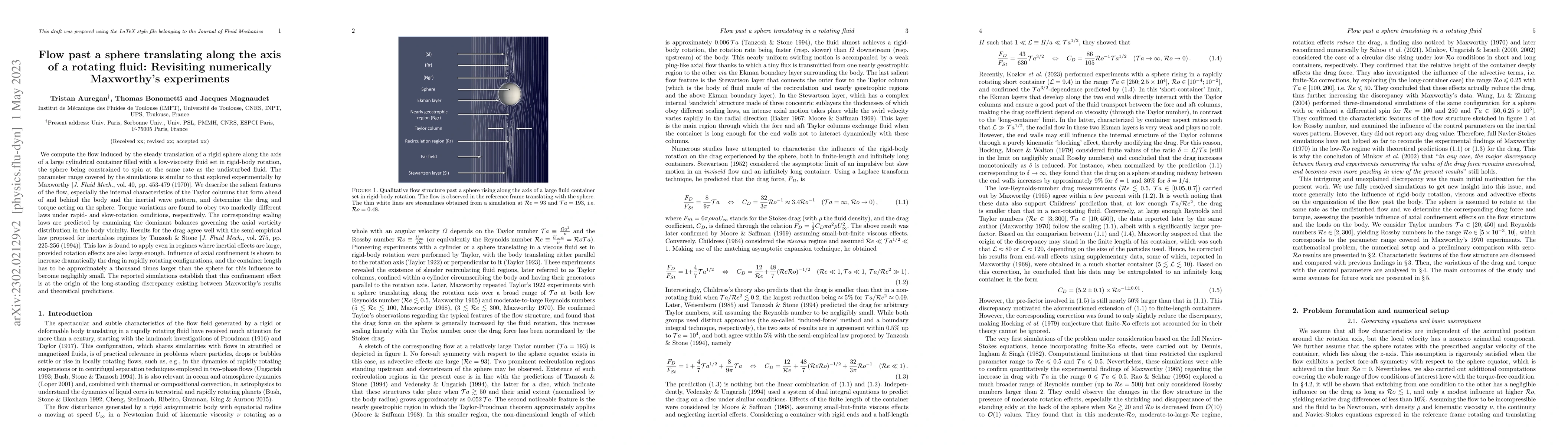 Thumbnail for Flow past a sphere translating along the axis of a rotating fluid:
  Revisiting numerically Maxworthy's experiments