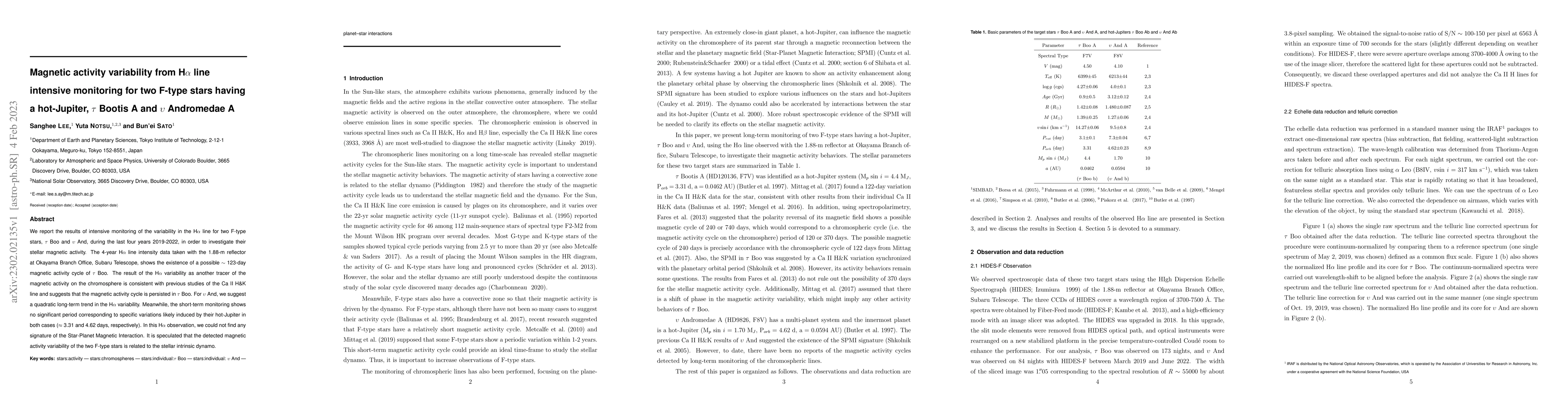 Thumbnail for Magnetic activity variability from H$\alpha$ line intensive monitoring
  for two F-type stars having a hot-Jupiter, $\tau$ Bootis A and $\upsilon$
  Andromedae A