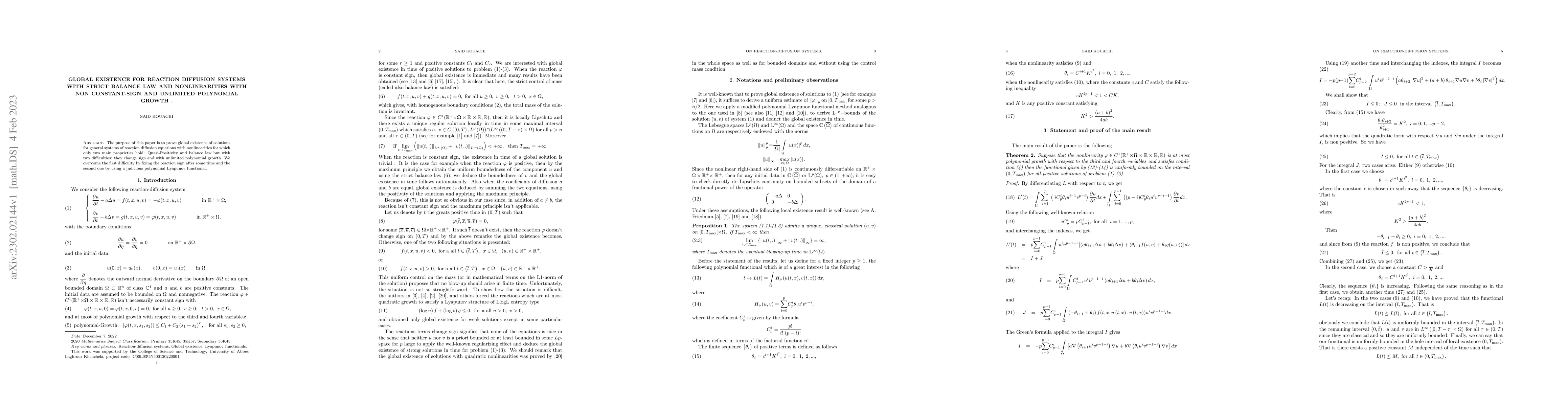 Thumbnail for Global existence for reaction diffusion systems with strict balance Law
  and nonlinearities with non constant-sign and unlimited polynomial growth